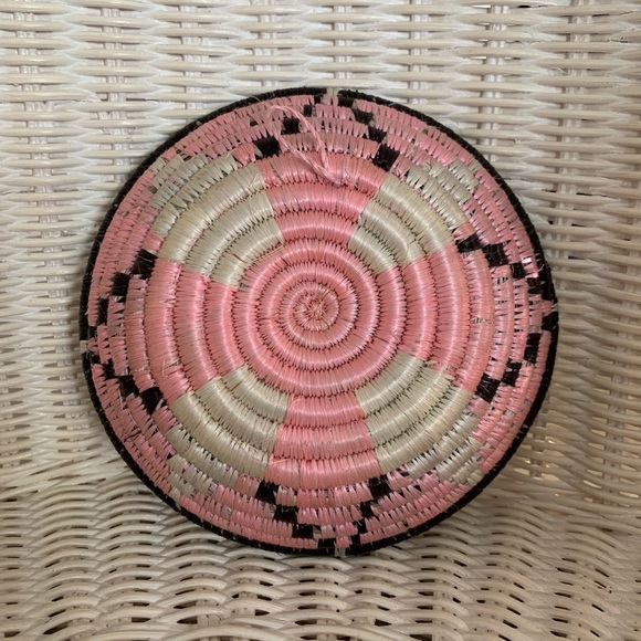 Pink/Black African Boho Hand Woven Raffia Rwandan Sisal Basket/Bowl Accent - Picture 2 of 2